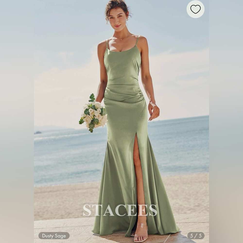 Scoop Neck Sleeveless Stretch Satin Bridesmaid Dress w/ Pleated Split